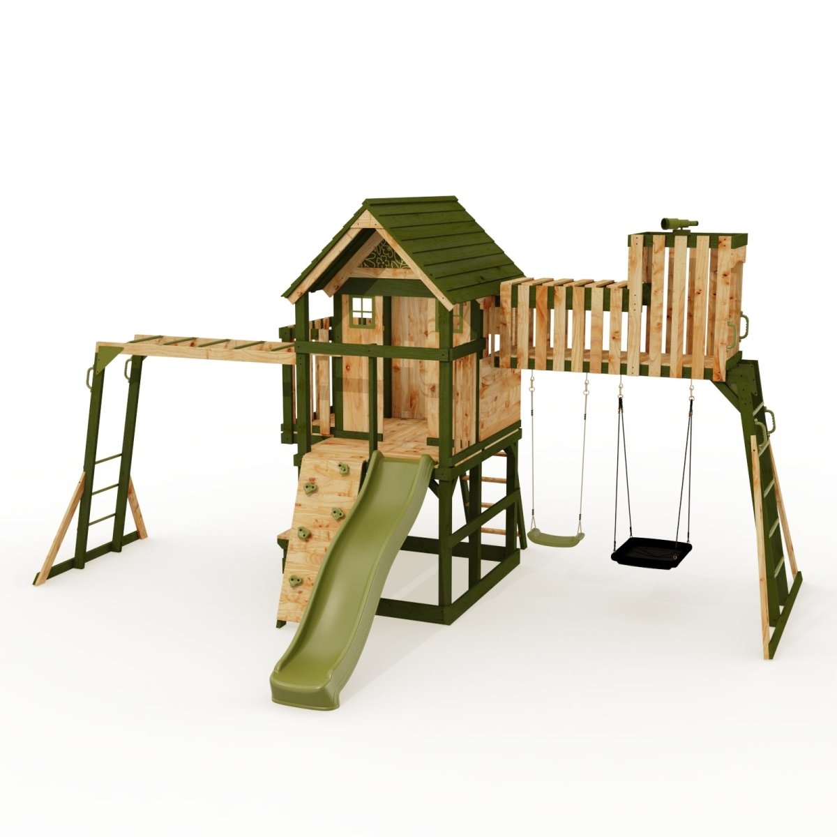 Rebo Wildwood Haven Tower Playhouse with Double Swing, Monkey Bars, Climbing Wall and Wave Slide