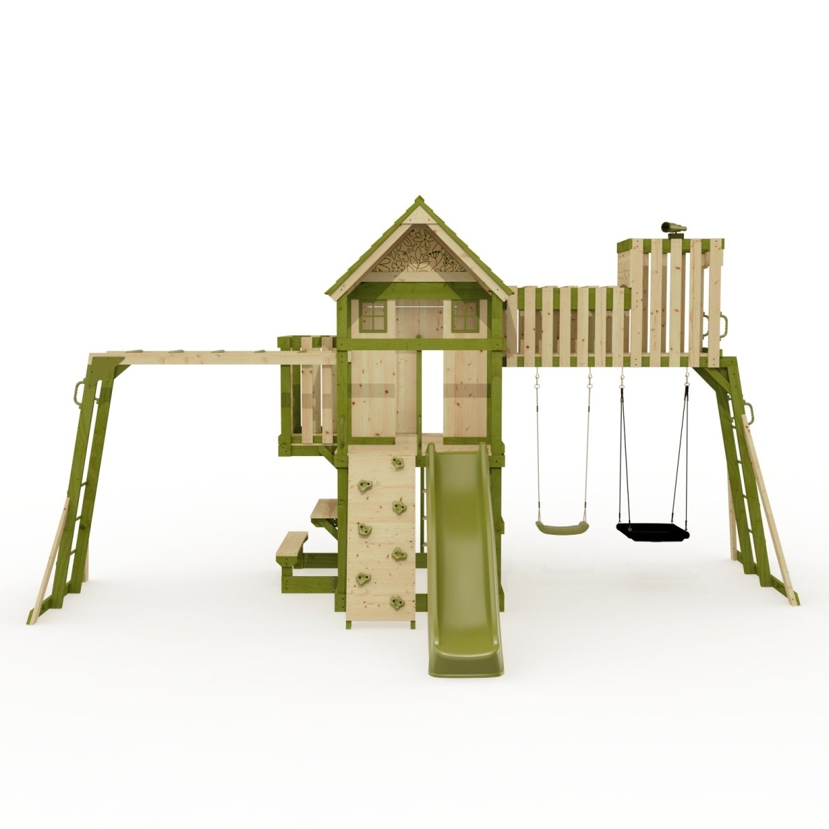 Rebo Wildwood Haven Tower Playhouse with Double Swing, Monkey Bars, Climbing Wall and Wave Slide