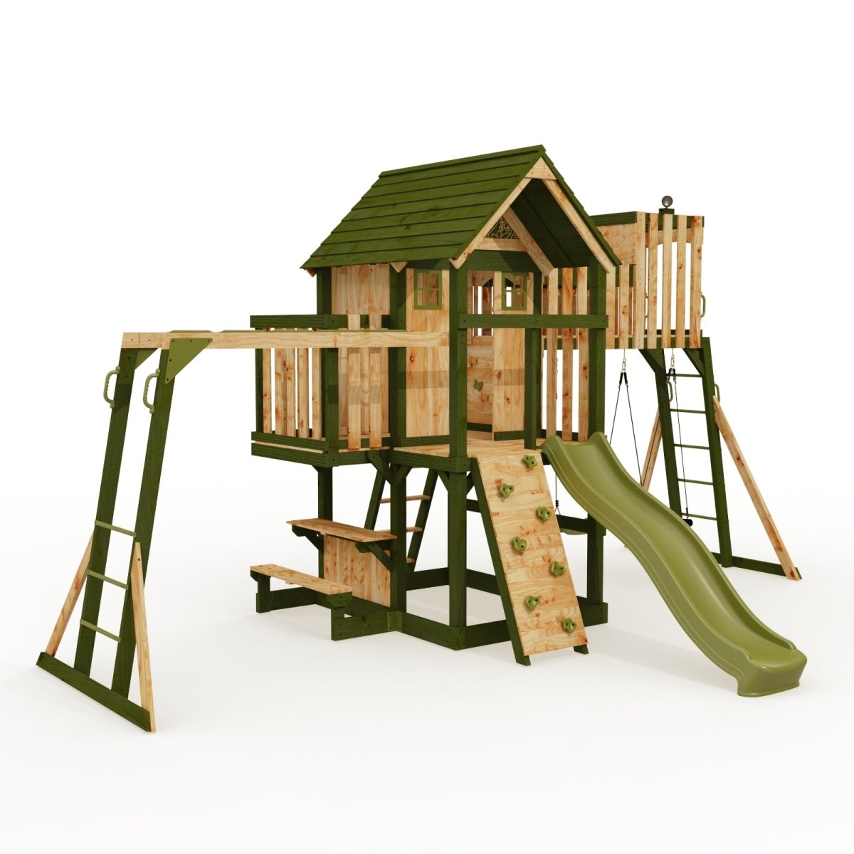Rebo Wildwood Haven Tower Playhouse with Double Swing, Monkey Bars, Climbing Wall and Wave Slide