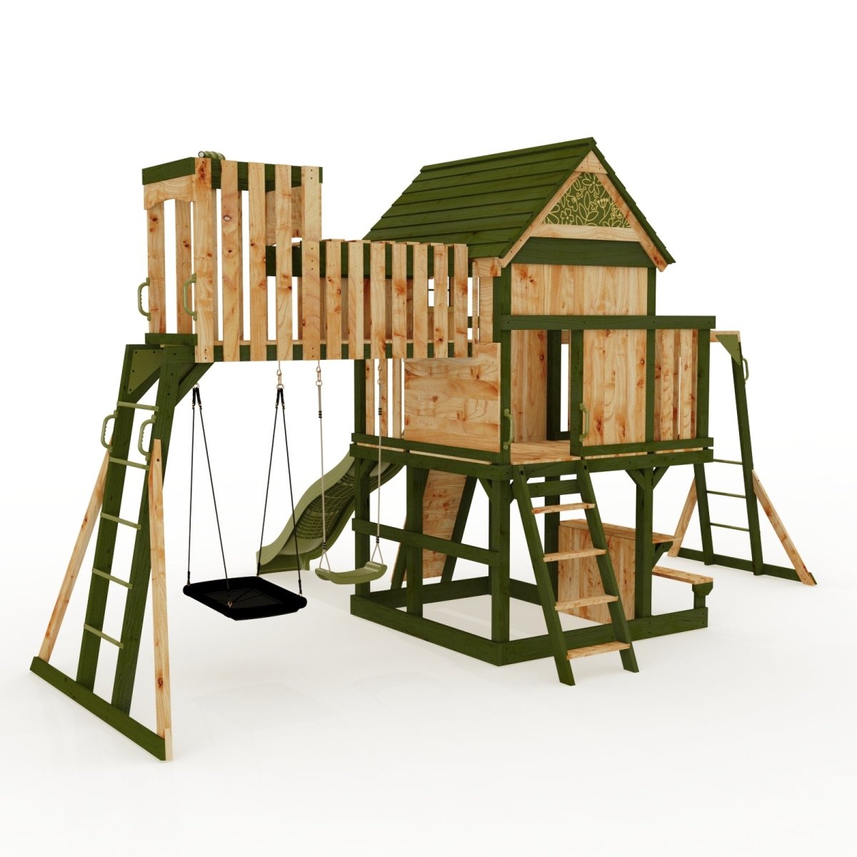 Rebo Wildwood Haven Tower Playhouse with Double Swing, Monkey Bars, Climbing Wall and Wave Slide