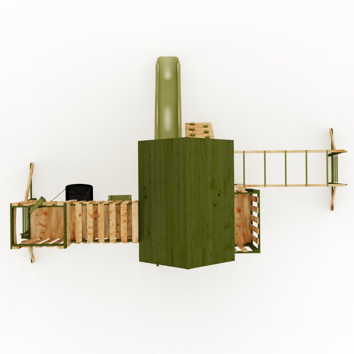 Rebo Wildwood Haven Tower Playhouse with Double Swing, Monkey Bars, Climbing Wall and Wave Slide