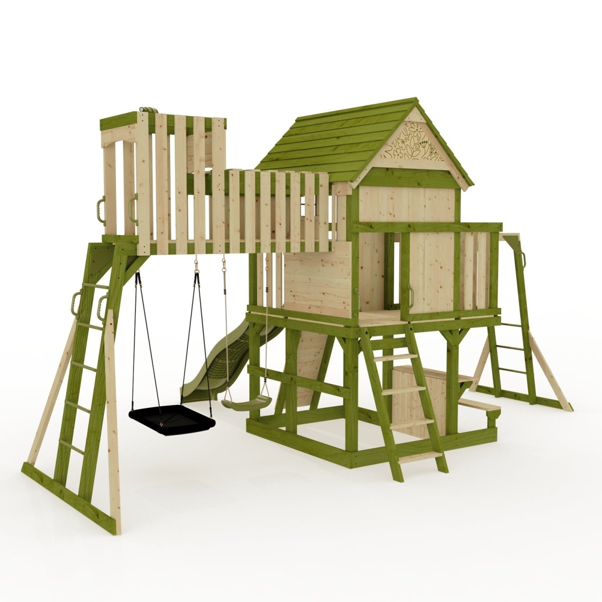 Rebo Wildwood Haven Tower Playhouse with Double Swing, Monkey Bars, Climbing Wall and Wave Slide