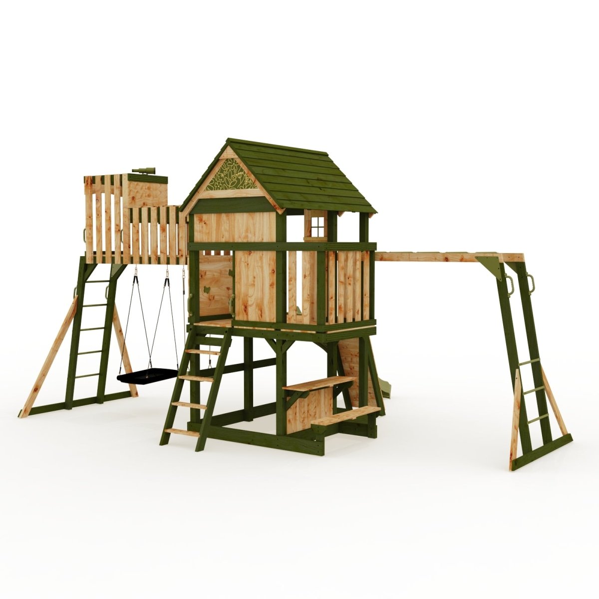 Rebo Wildwood Haven Tower Playhouse with Double Swing, Monkey Bars, Climbing Wall and Wave Slide