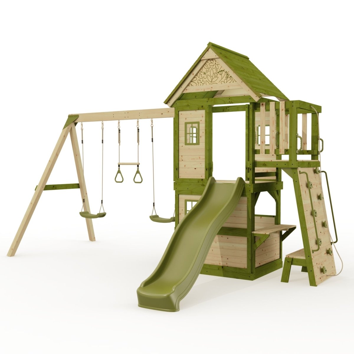 Rebo Wildwood Hideaway Tower Playhouse with Triple Swing, Climbing Wall and Wave Slide