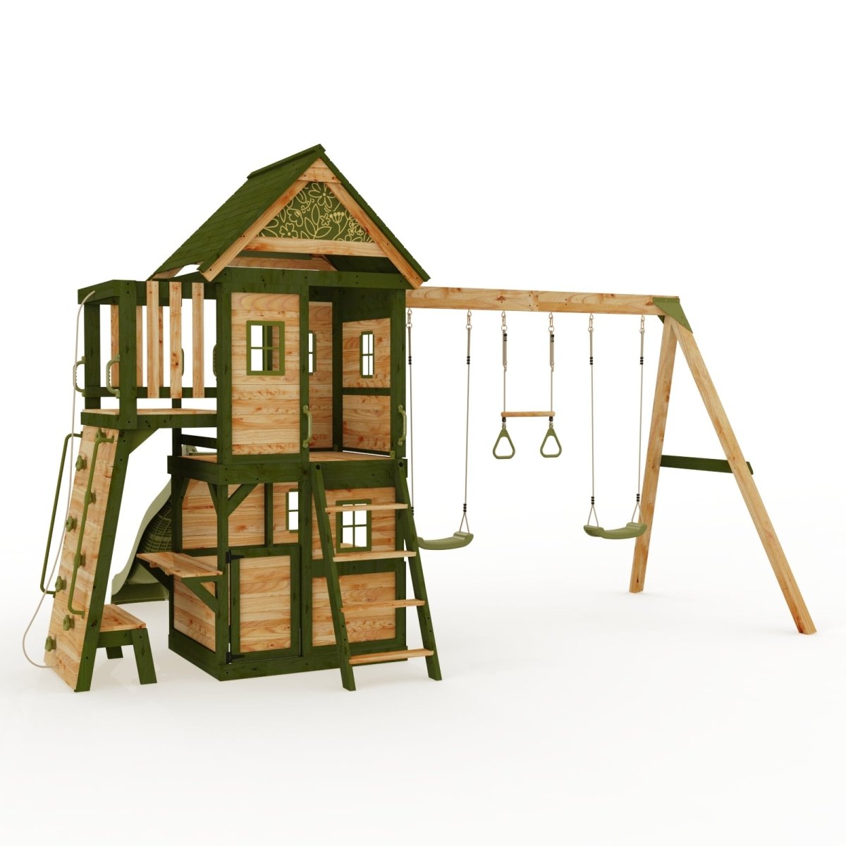 Rebo Wildwood Hideaway Tower Playhouse with Triple Swing, Climbing Wall and Wave Slide