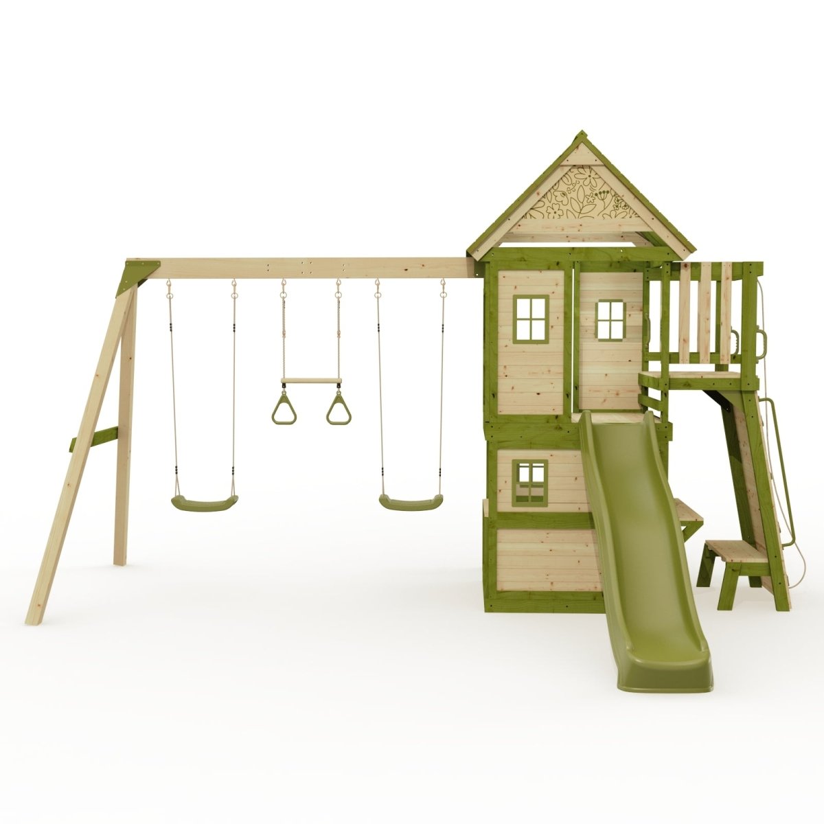 Rebo Wildwood Hideaway Tower Playhouse with Triple Swing, Climbing Wall and Wave Slide