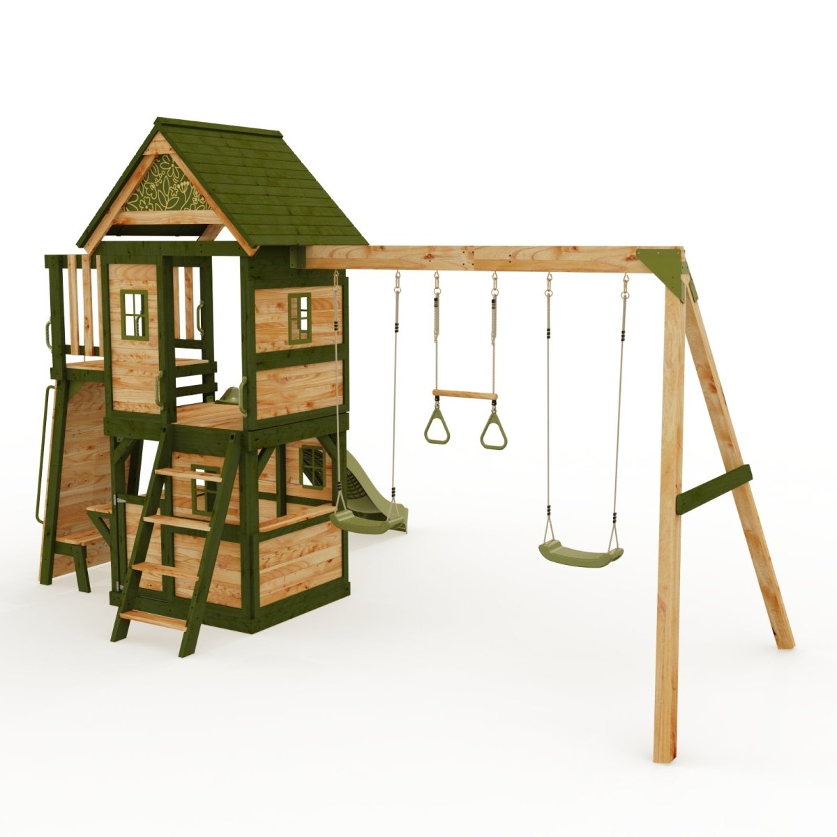 Rebo Wildwood Hideaway Tower Playhouse with Triple Swing, Climbing Wall and Wave Slide