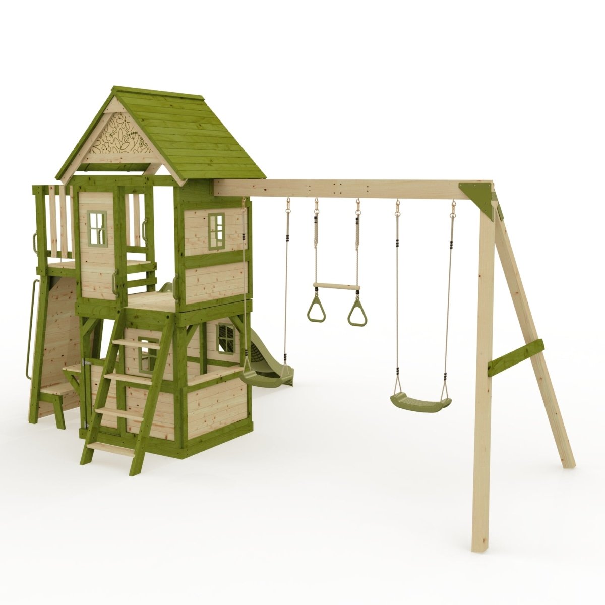 Rebo Wildwood Hideaway Tower Playhouse with Triple Swing, Climbing Wall and Wave Slide