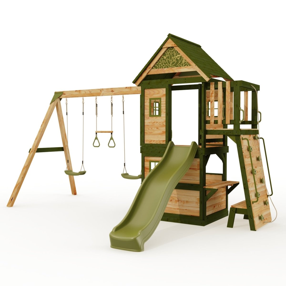 Rebo Wildwood Hideaway Tower Playhouse with Triple Swing, Climbing Wall and Wave Slide