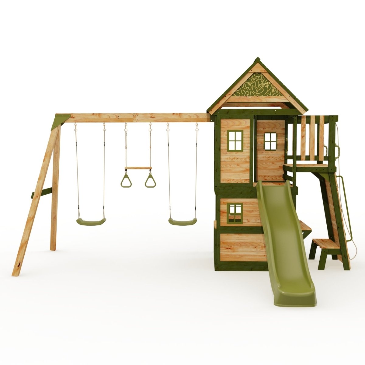 Rebo Wildwood Hideaway Tower Playhouse with Triple Swing, Climbing Wall and Wave Slide