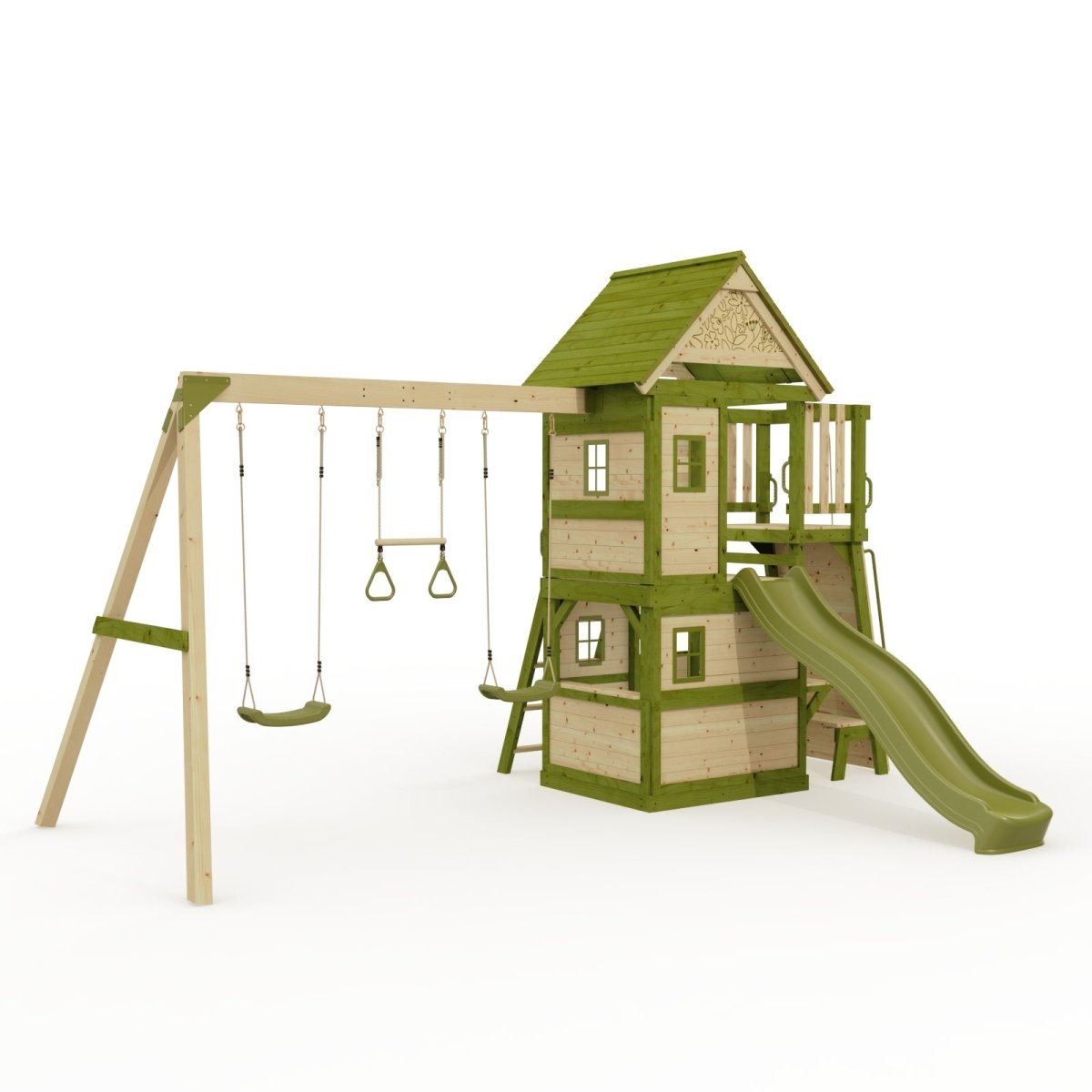Rebo Wildwood Hideaway Tower Playhouse with Triple Swing, Climbing Wall and Wave Slide