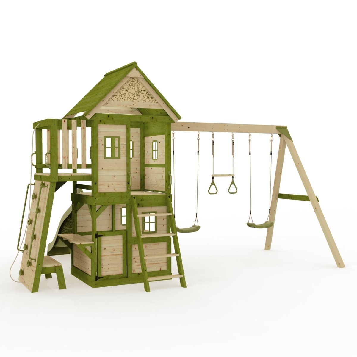 Rebo Wildwood Hideaway Tower Playhouse with Triple Swing, Climbing Wall and Wave Slide