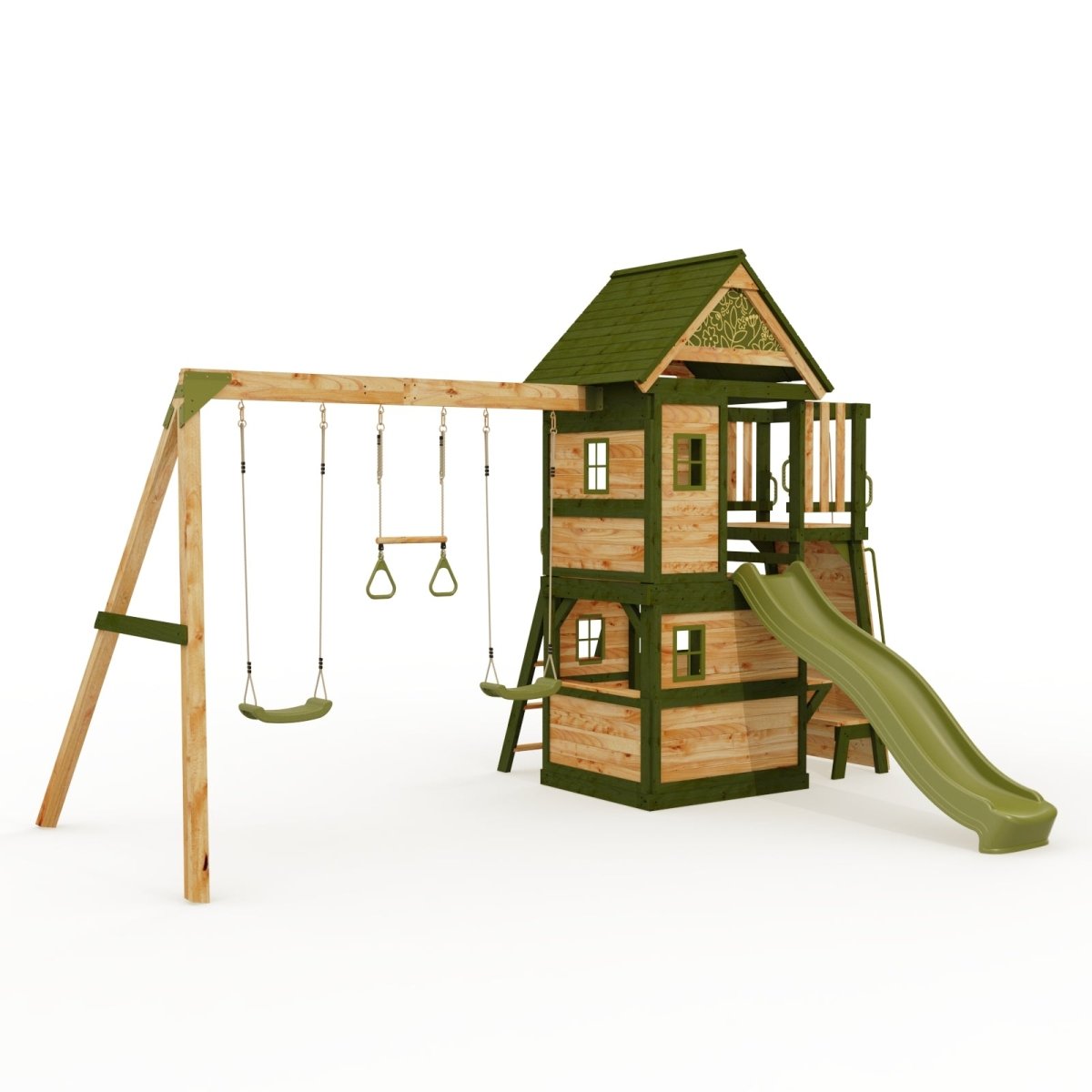 Rebo Wildwood Hideaway Tower Playhouse with Triple Swing, Climbing Wall and Wave Slide