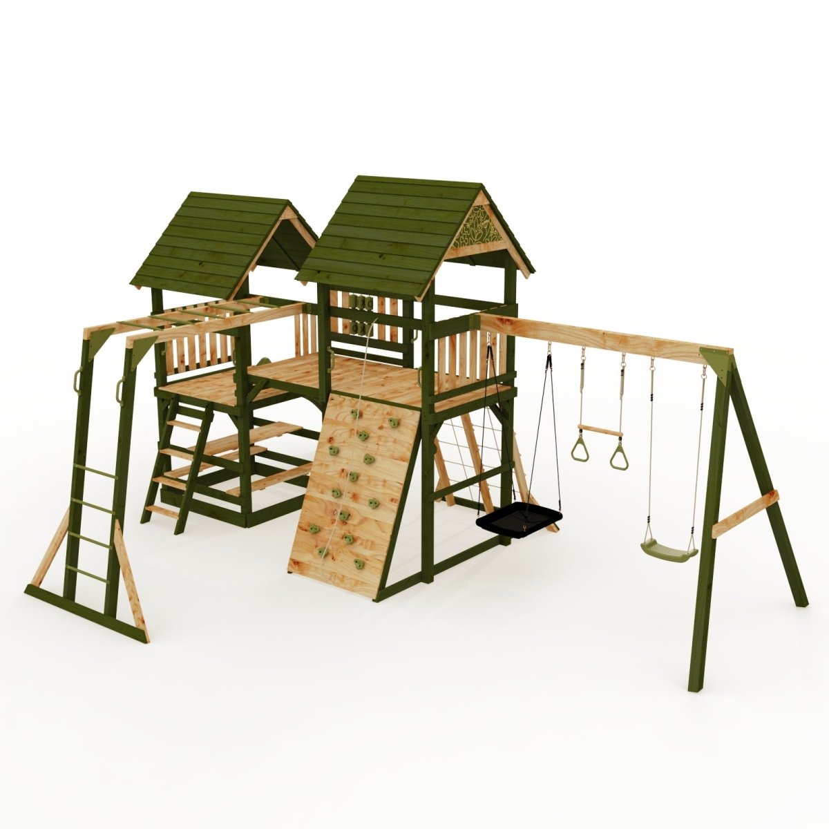Rebo Wildwood Hollow Climbing Frame with Triple Swing, Climbing Wall and Wave Slide