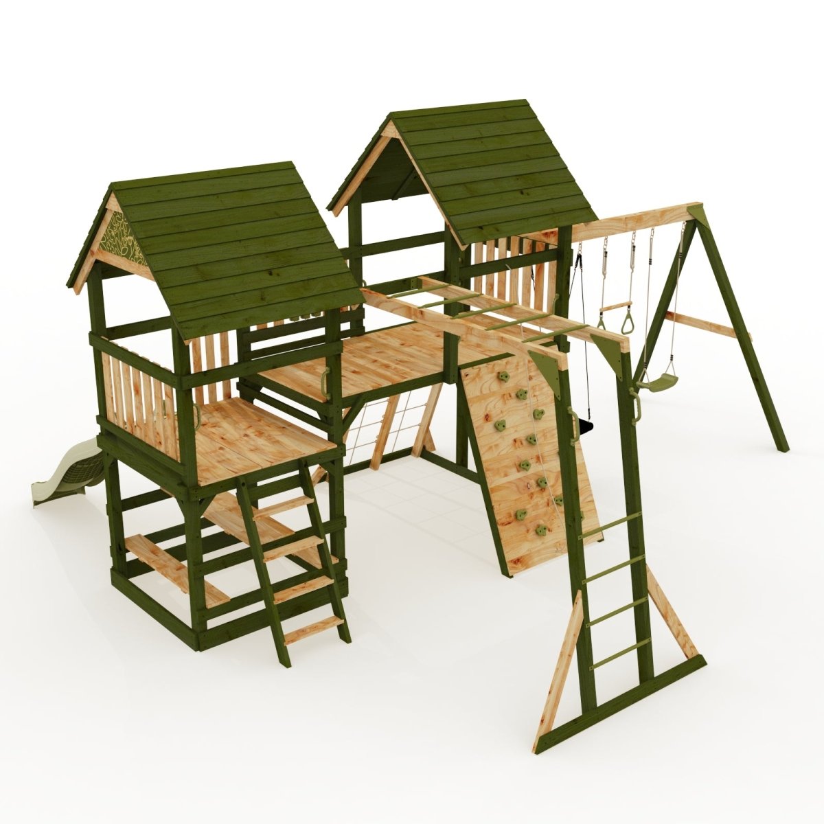 Rebo Wildwood Hollow Climbing Frame with Triple Swing, Climbing Wall and Wave Slide