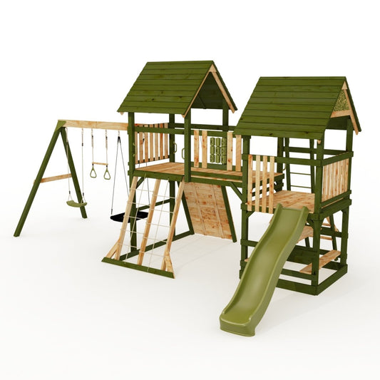 Rebo Wildwood Hollow Climbing Frame with Triple Swing, Climbing Wall and Wave Slide