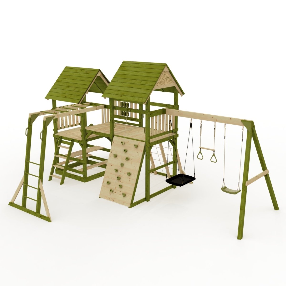 Rebo Wildwood Hollow Climbing Frame with Triple Swing, Climbing Wall and Wave Slide