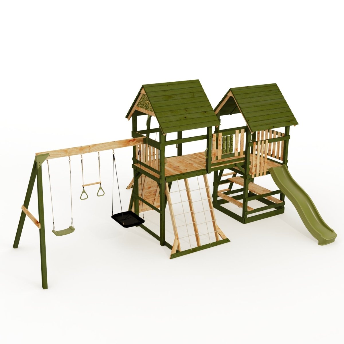 Rebo Wildwood Hollow Climbing Frame with Triple Swing, Climbing Wall and Wave Slide