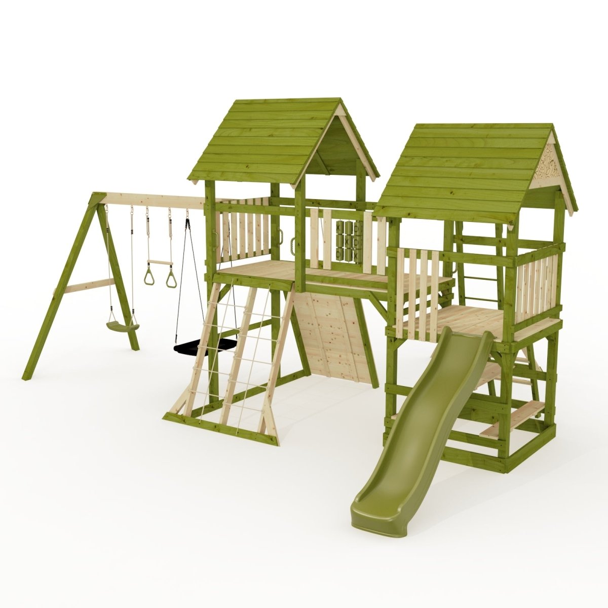 Rebo Wildwood Hollow Climbing Frame with Triple Swing, Climbing Wall and Wave Slide