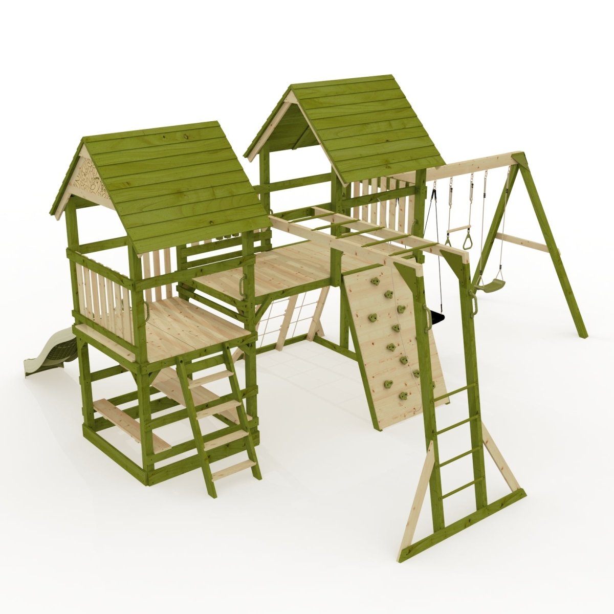 Rebo Wildwood Hollow Climbing Frame with Triple Swing, Climbing Wall and Wave Slide