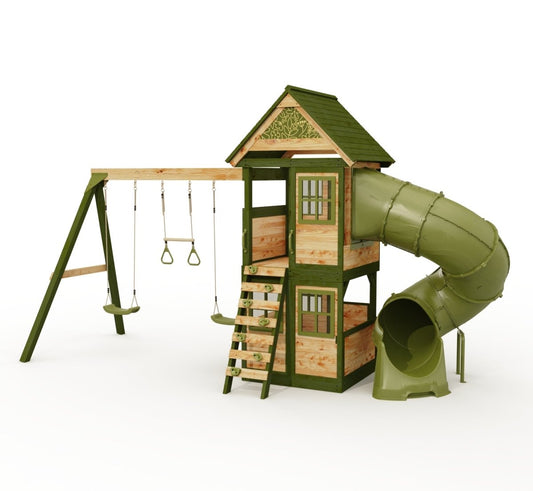 Rebo Wildwood Twist Tower Playhouse with Triple Swing and Spiral Slide