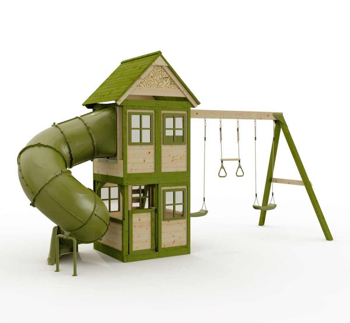 Rebo Wildwood Twist Tower Playhouse with Triple Swing and Spiral Slide