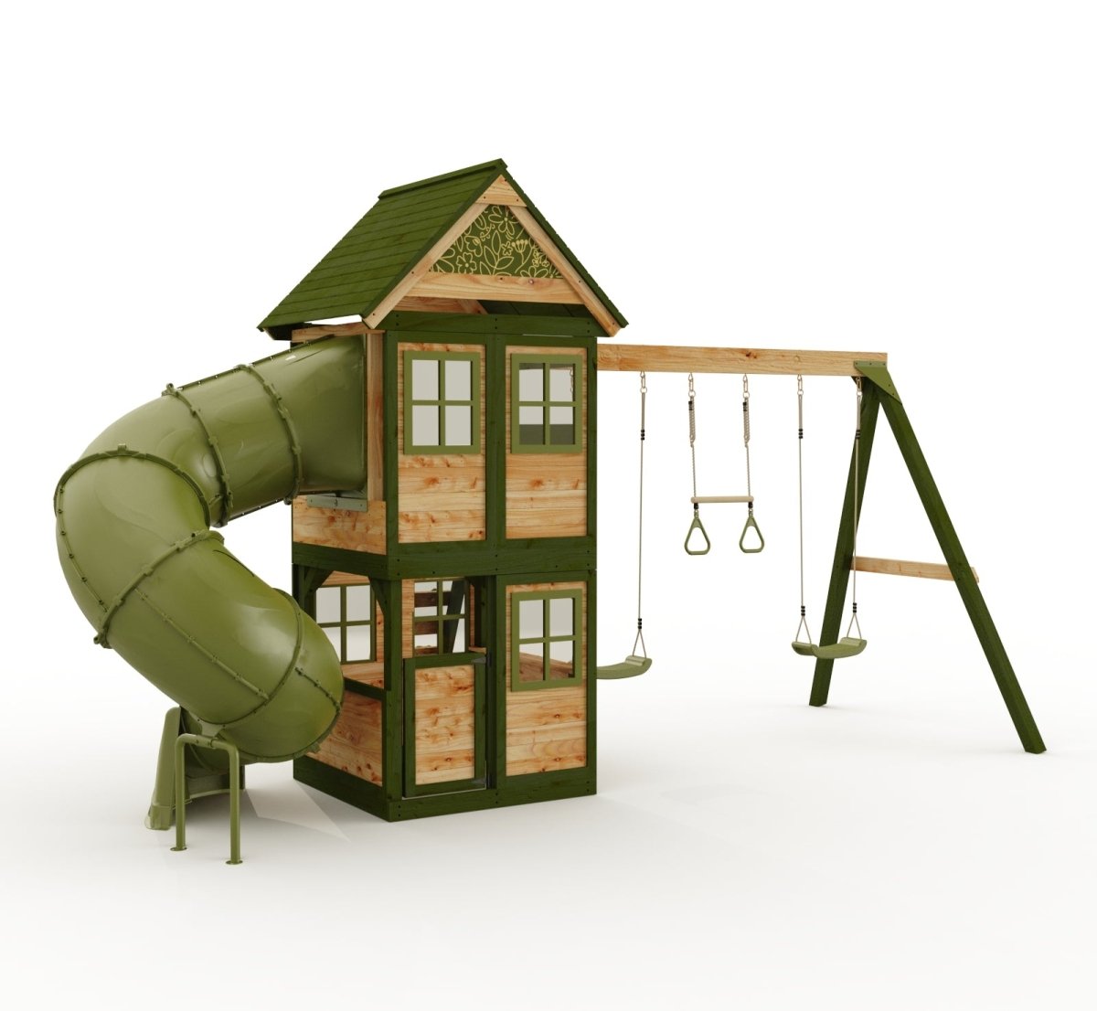 Rebo Wildwood Twist Tower Playhouse with Triple Swing and Spiral Slide