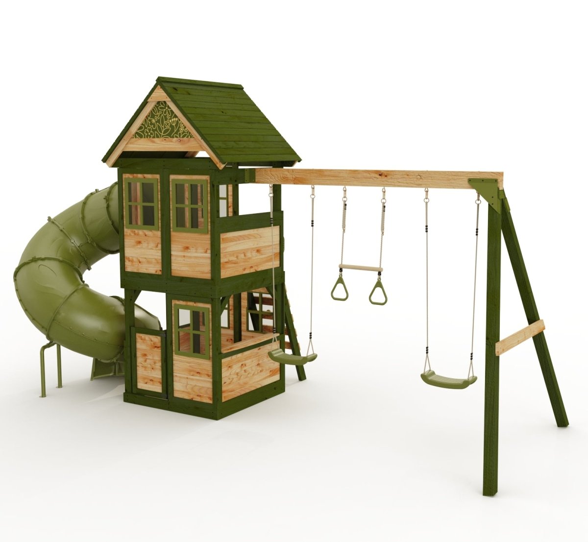 Rebo Wildwood Twist Tower Playhouse with Triple Swing and Spiral Slide