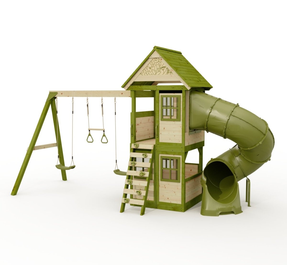Rebo Wildwood Twist Tower Playhouse with Triple Swing and Spiral Slide