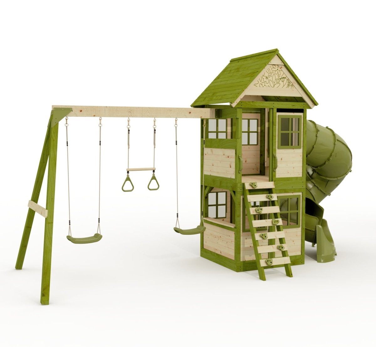 Rebo Wildwood Twist Tower Playhouse with Triple Swing and Spiral Slide