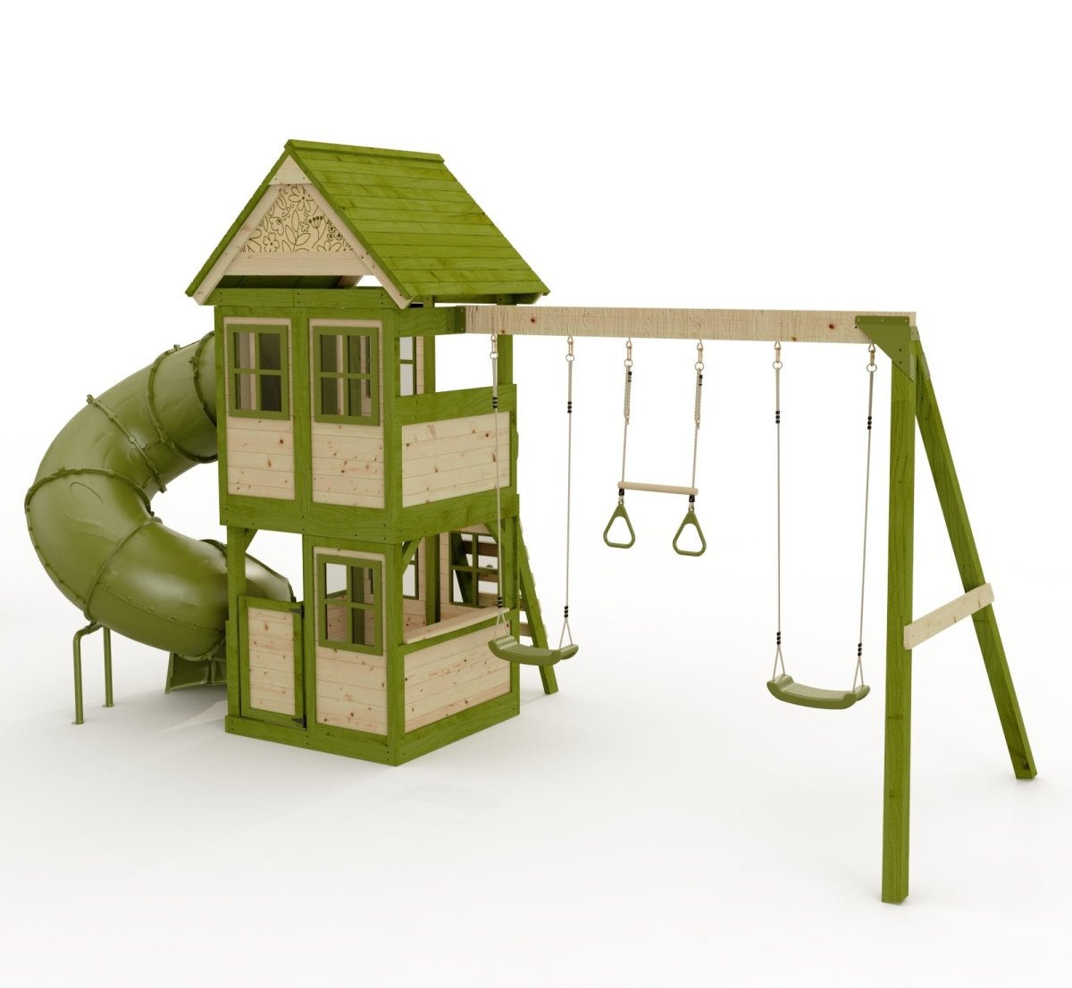 Rebo Wildwood Twist Tower Playhouse with Triple Swing and Spiral Slide
