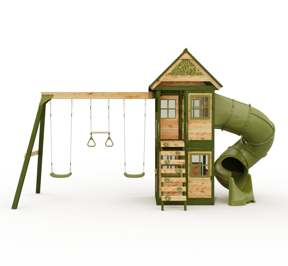 Rebo Wildwood Twist Tower Playhouse with Triple Swing and Spiral Slide
