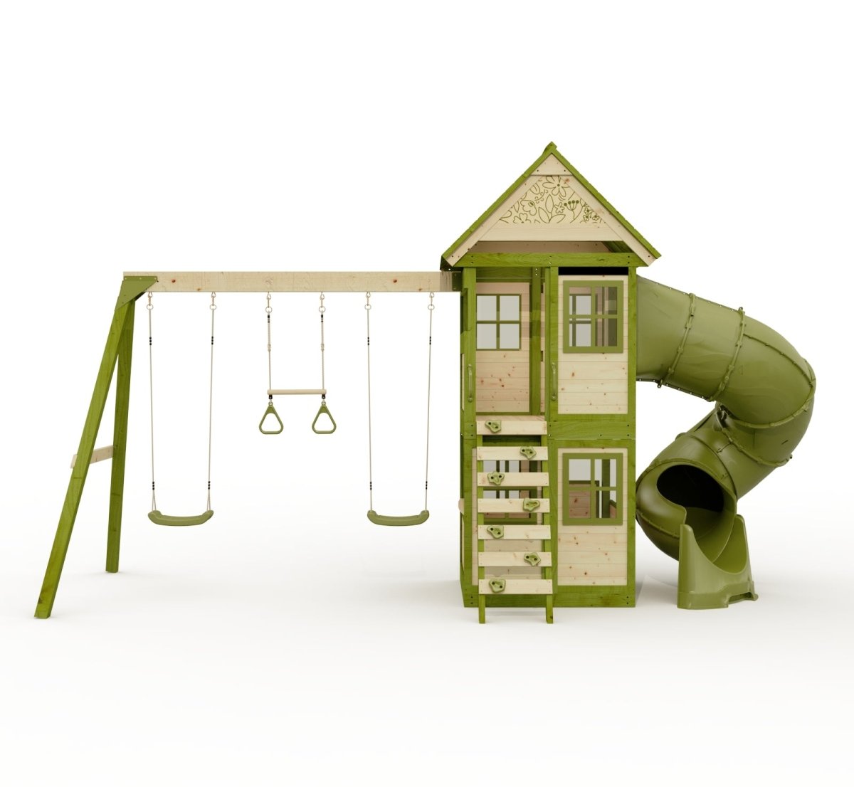 Rebo Wildwood Twist Tower Playhouse with Triple Swing and Spiral Slide