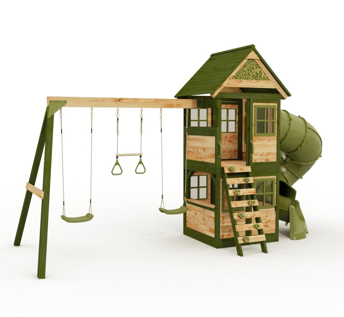 Rebo Wildwood Twist Tower Playhouse with Triple Swing and Spiral Slide