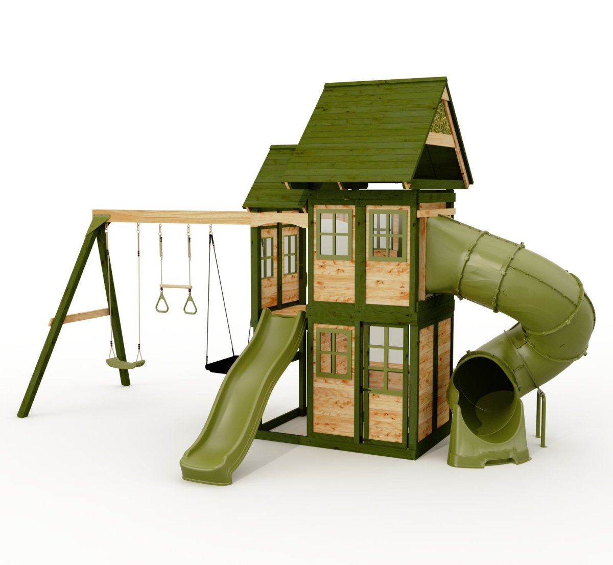 Rebo Wildwood Warren Tower Playhouse with Triple Swing, Wave Slide and Spiral Slide