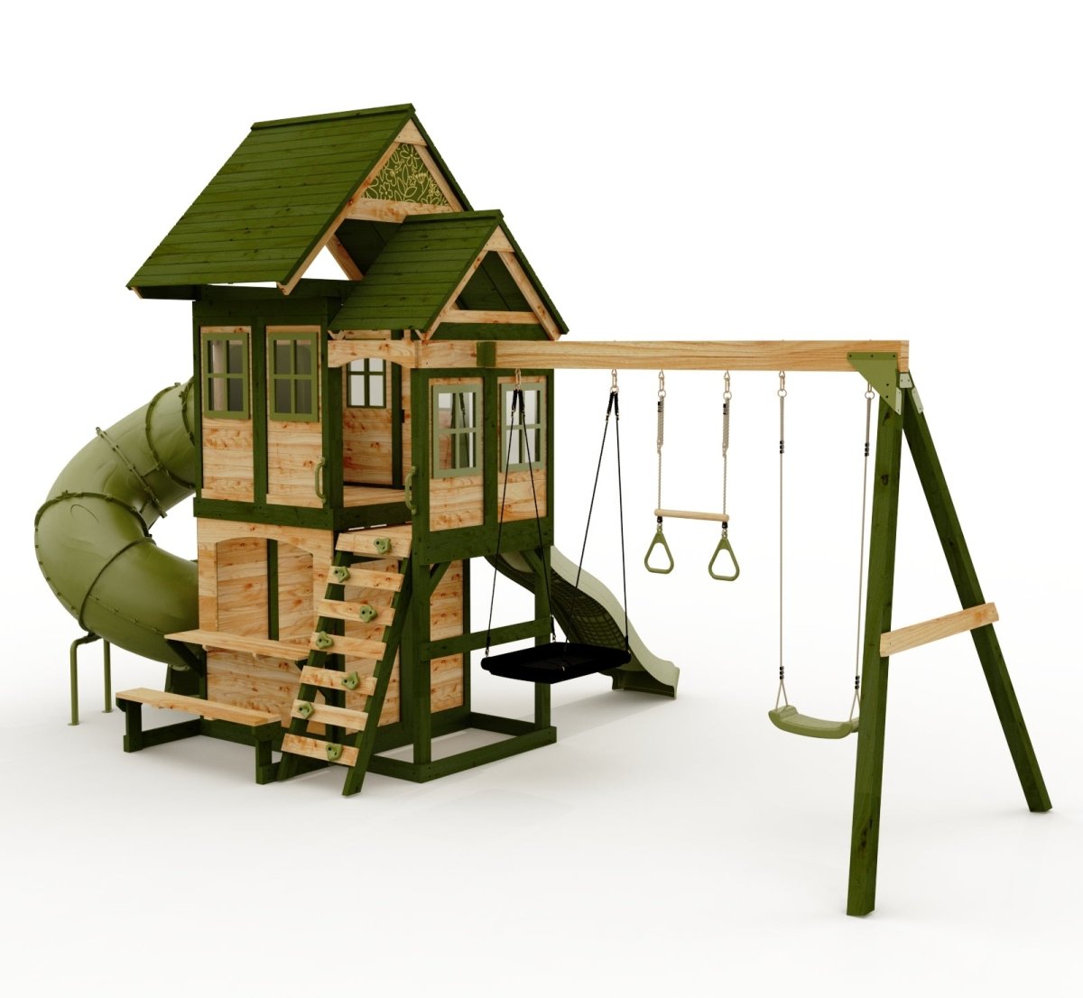 Rebo Wildwood Warren Tower Playhouse with Triple Swing, Wave Slide and Spiral Slide