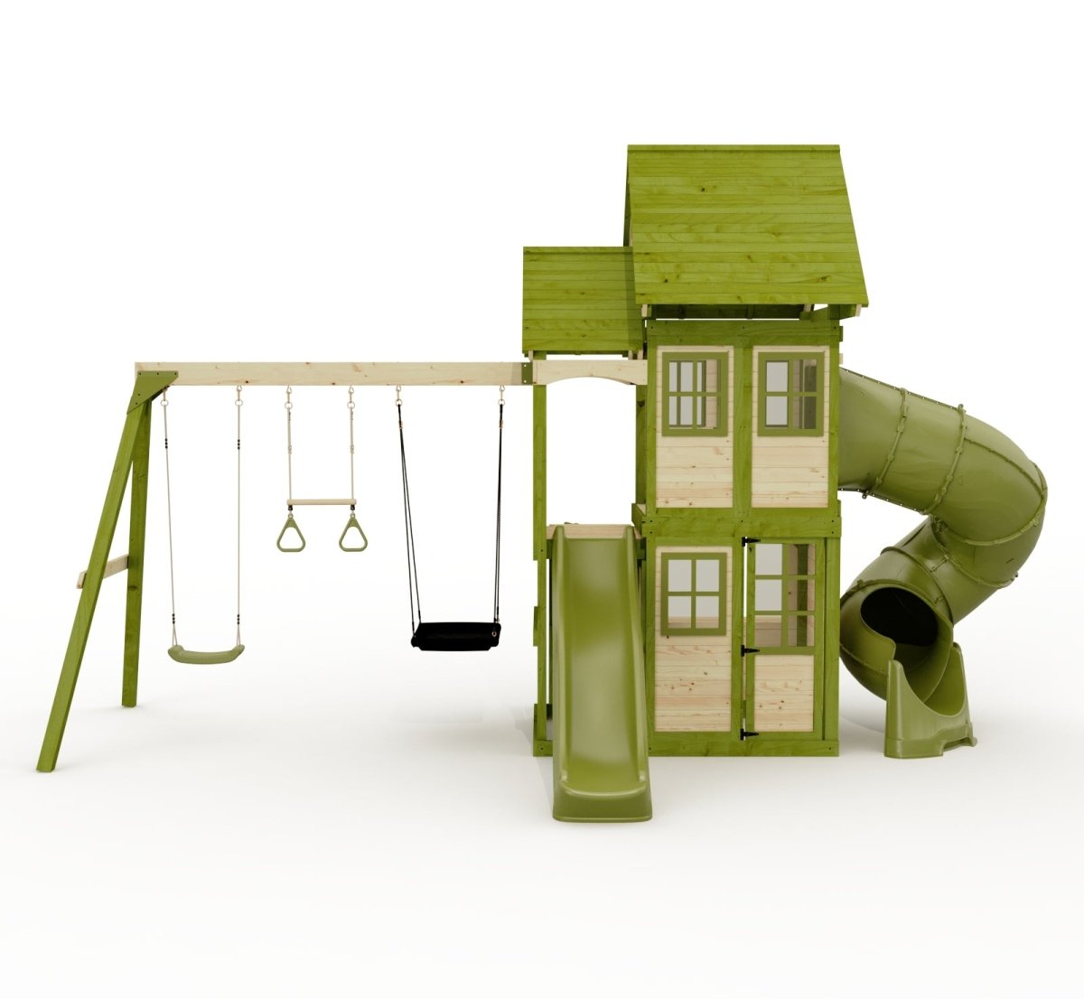 Rebo Wildwood Warren Tower Playhouse with Triple Swing, Wave Slide and Spiral Slide