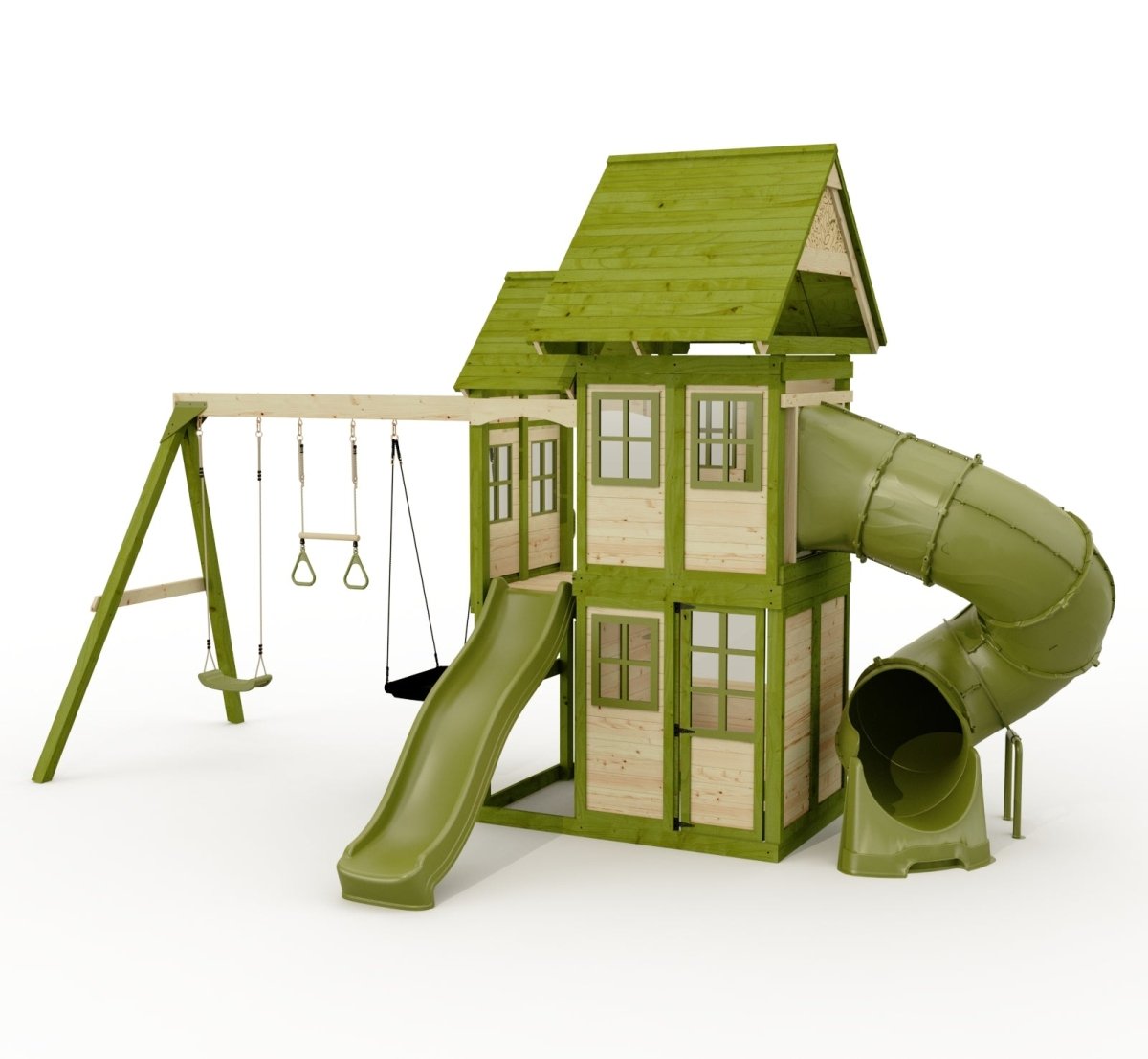 Rebo Wildwood Warren Tower Playhouse with Triple Swing, Wave Slide and Spiral Slide