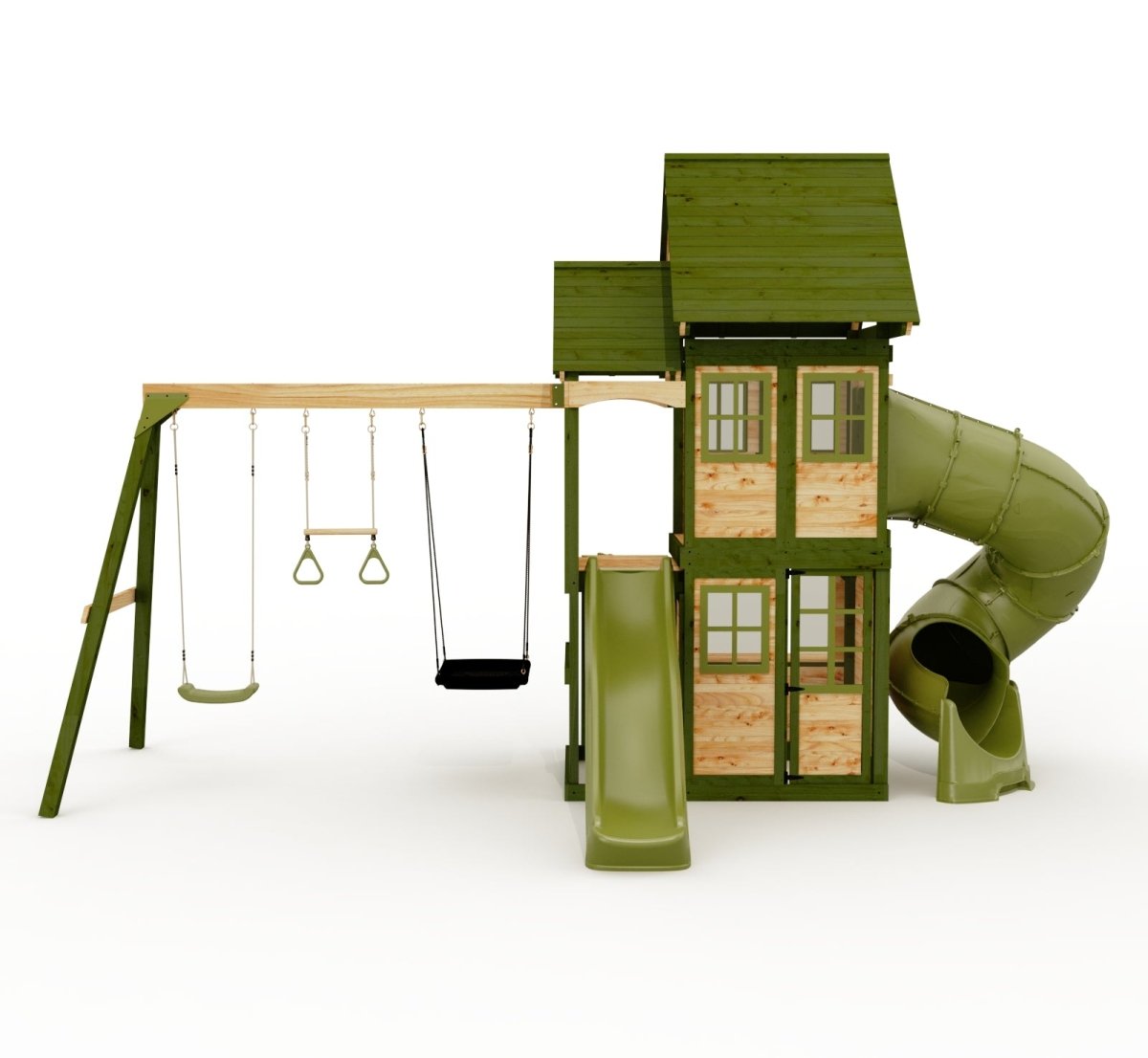 Rebo Wildwood Warren Tower Playhouse with Triple Swing, Wave Slide and Spiral Slide