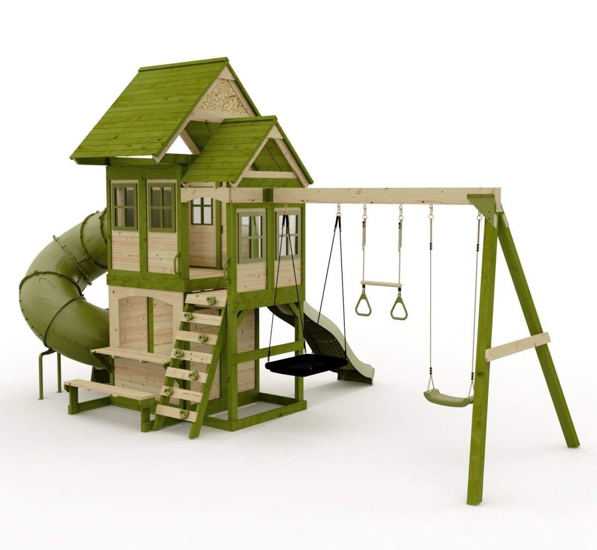 Rebo Wildwood Warren Tower Playhouse with Triple Swing, Wave Slide and Spiral Slide