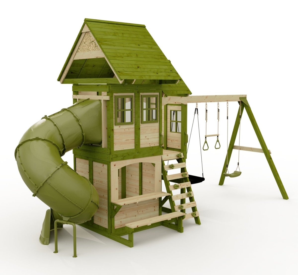 Rebo Wildwood Warren Tower Playhouse with Triple Swing, Wave Slide and Spiral Slide