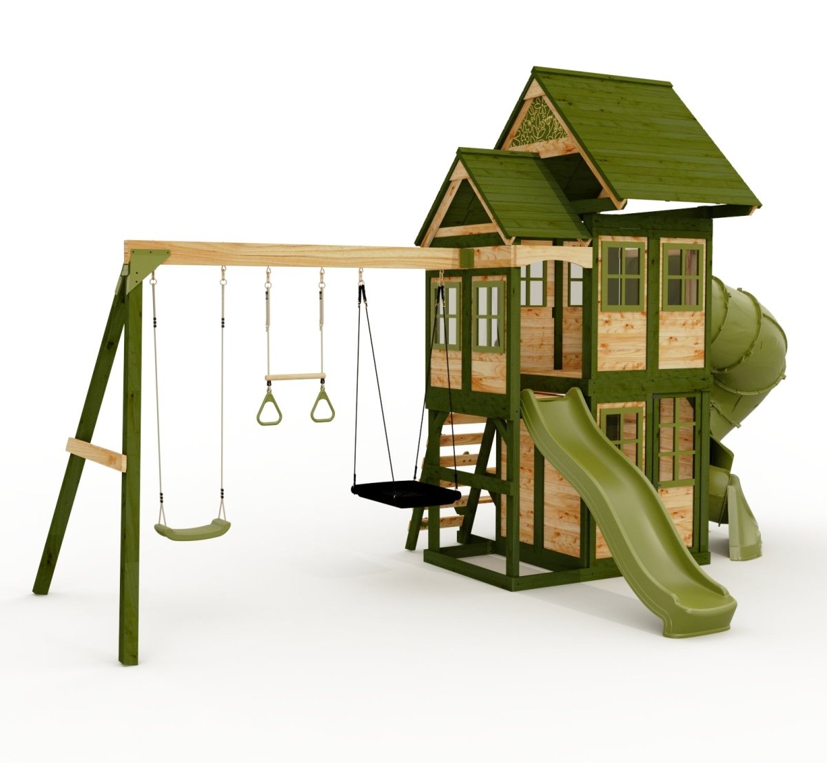 Rebo Wildwood Warren Tower Playhouse with Triple Swing, Wave Slide and Spiral Slide