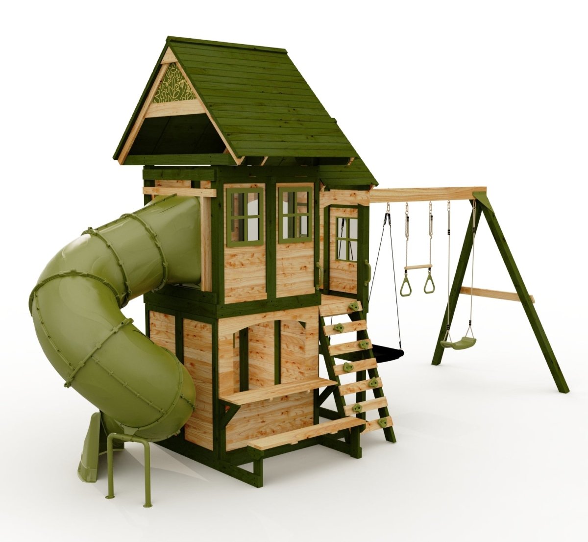 Rebo Wildwood Warren Tower Playhouse with Triple Swing, Wave Slide and Spiral Slide