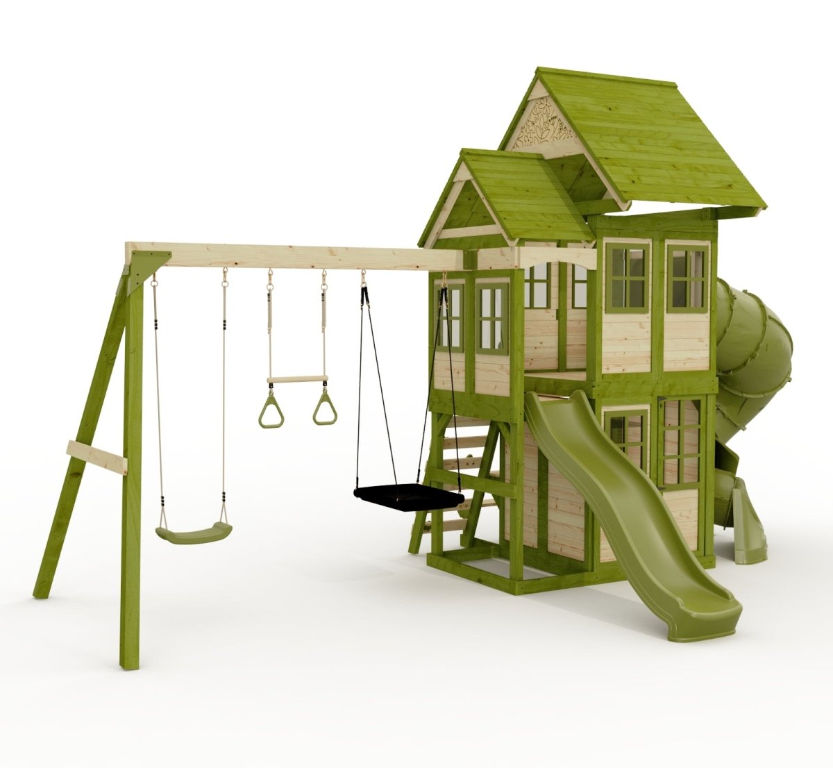 Rebo Wildwood Warren Tower Playhouse with Triple Swing, Wave Slide and Spiral Slide