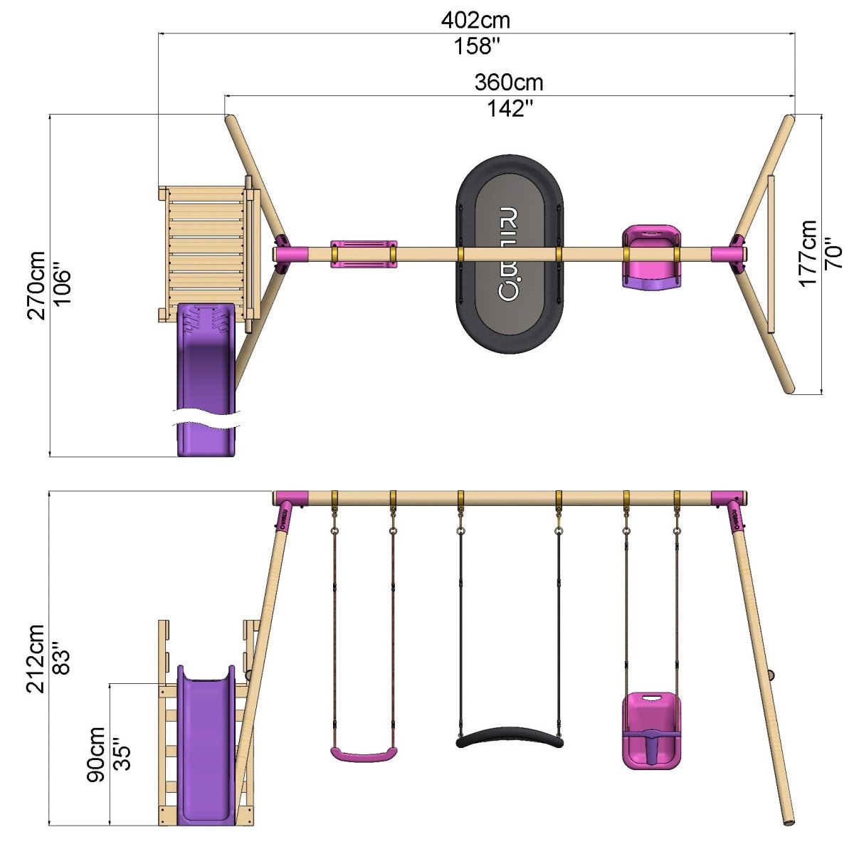 Rebo Triple Swing Set with Slide - Halley Purple