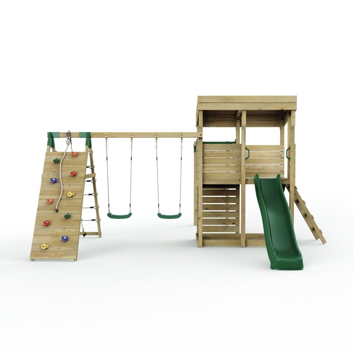 ClassicPlay Outpost XL Lookout Tower with 1.2m Deck, Double Swing, Monkey Bars, Climbing Wall and Slide