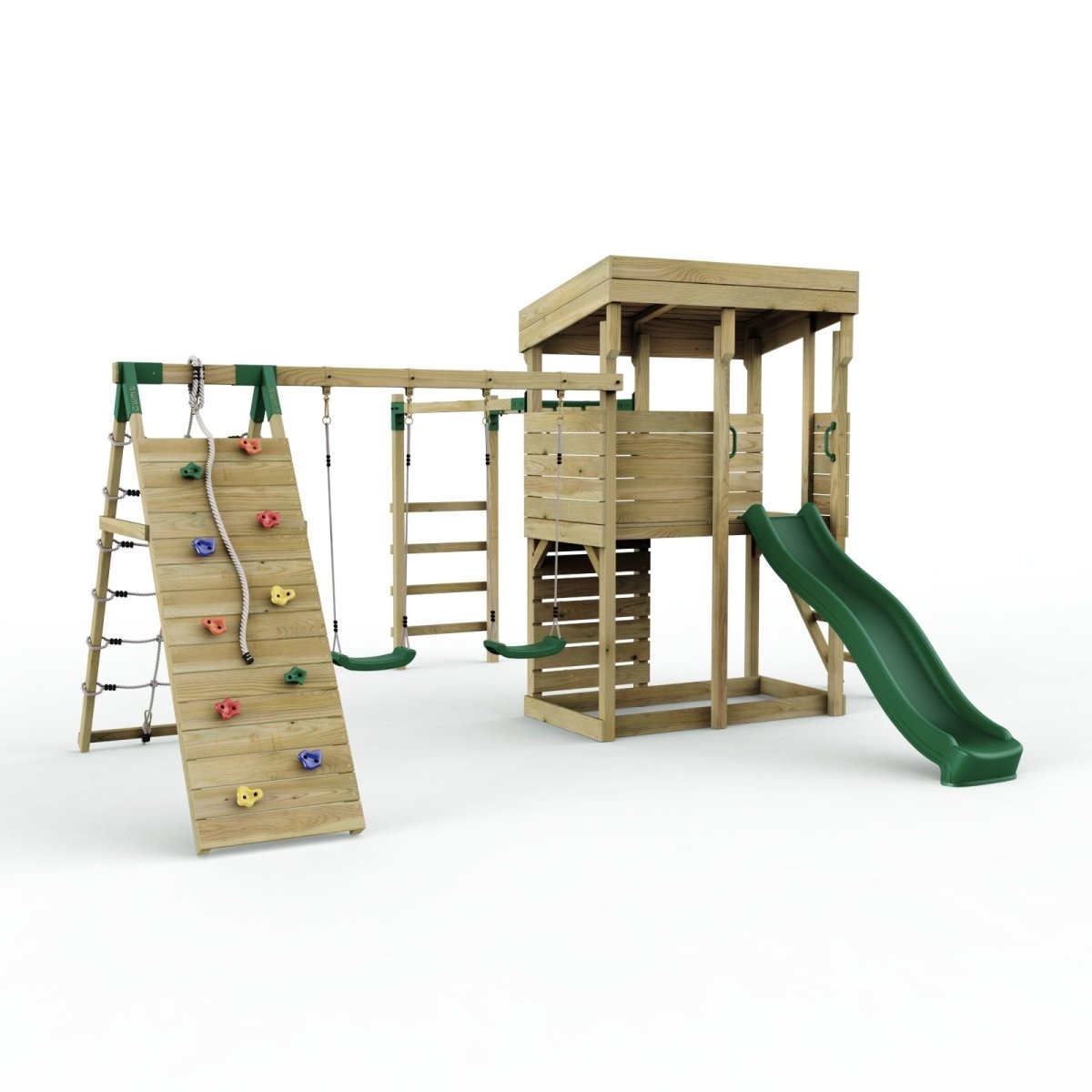 ClassicPlay Outpost XL Lookout Tower with 1.2m Deck, Double Swing, Monkey Bars, Climbing Wall and Slide