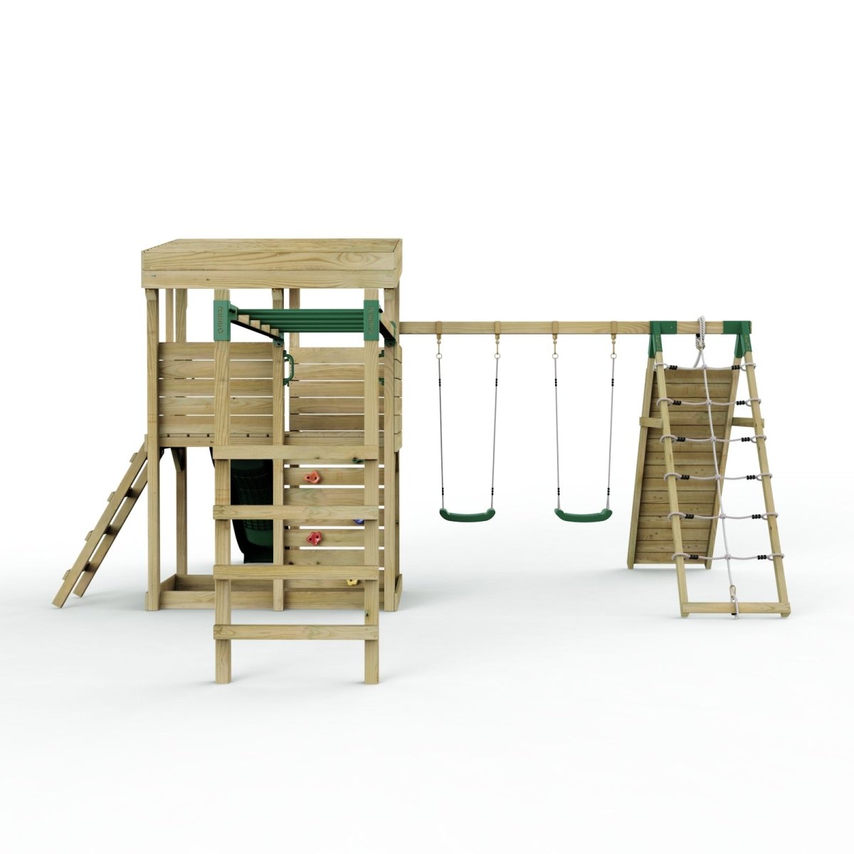 ClassicPlay Outpost XL Lookout Tower with 1.2m Deck, Double Swing, Monkey Bars, Climbing Wall and Slide