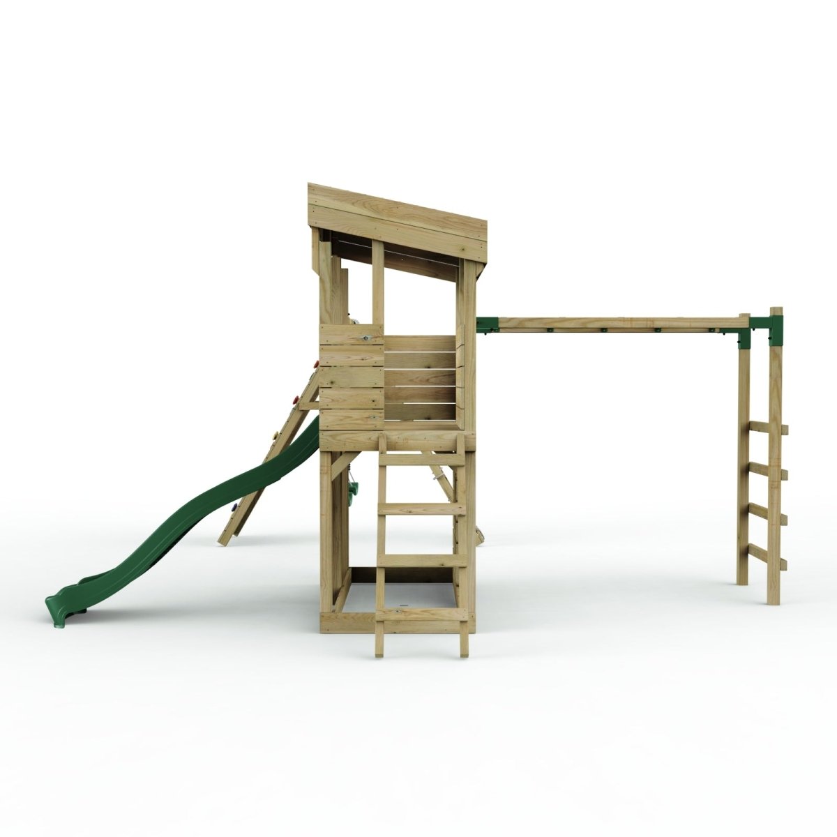 ClassicPlay Outpost XL Lookout Tower with 1.2m Deck, Double Swing, Monkey Bars, Climbing Wall and Slide