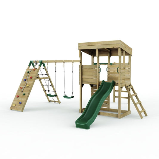 ClassicPlay Outpost XL Lookout Tower with 1.2m Deck, Double Swing, Monkey Bars, Climbing Wall and Slide